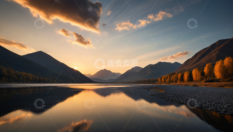 高清大图下载【趣麦麦图】山水间夕阳下的静谧湖景