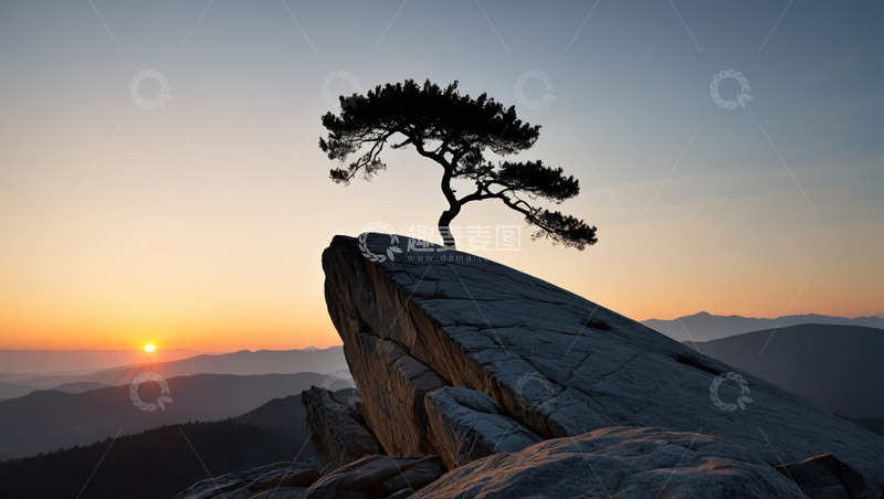 高清大图下载【趣麦麦图】悬崖边孤树与日出景观