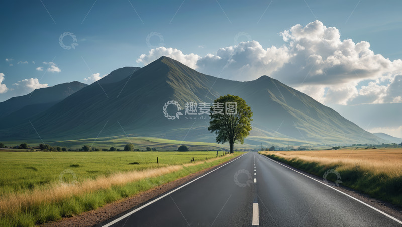高清大图下载【趣麦麦图】公路旁草地远山风景