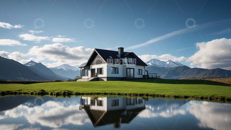 高清大图下载【趣麦麦图】山间草地旁的独栋房屋