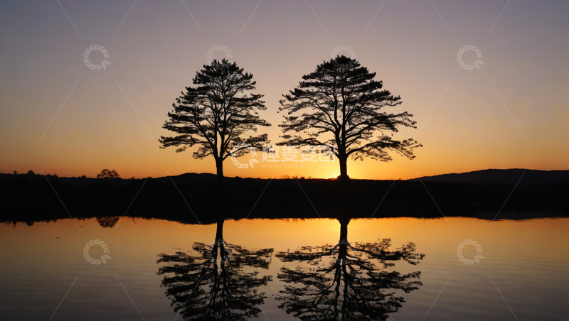 高清大图下载【趣麦麦图】夕阳下湖边双树倒影景象