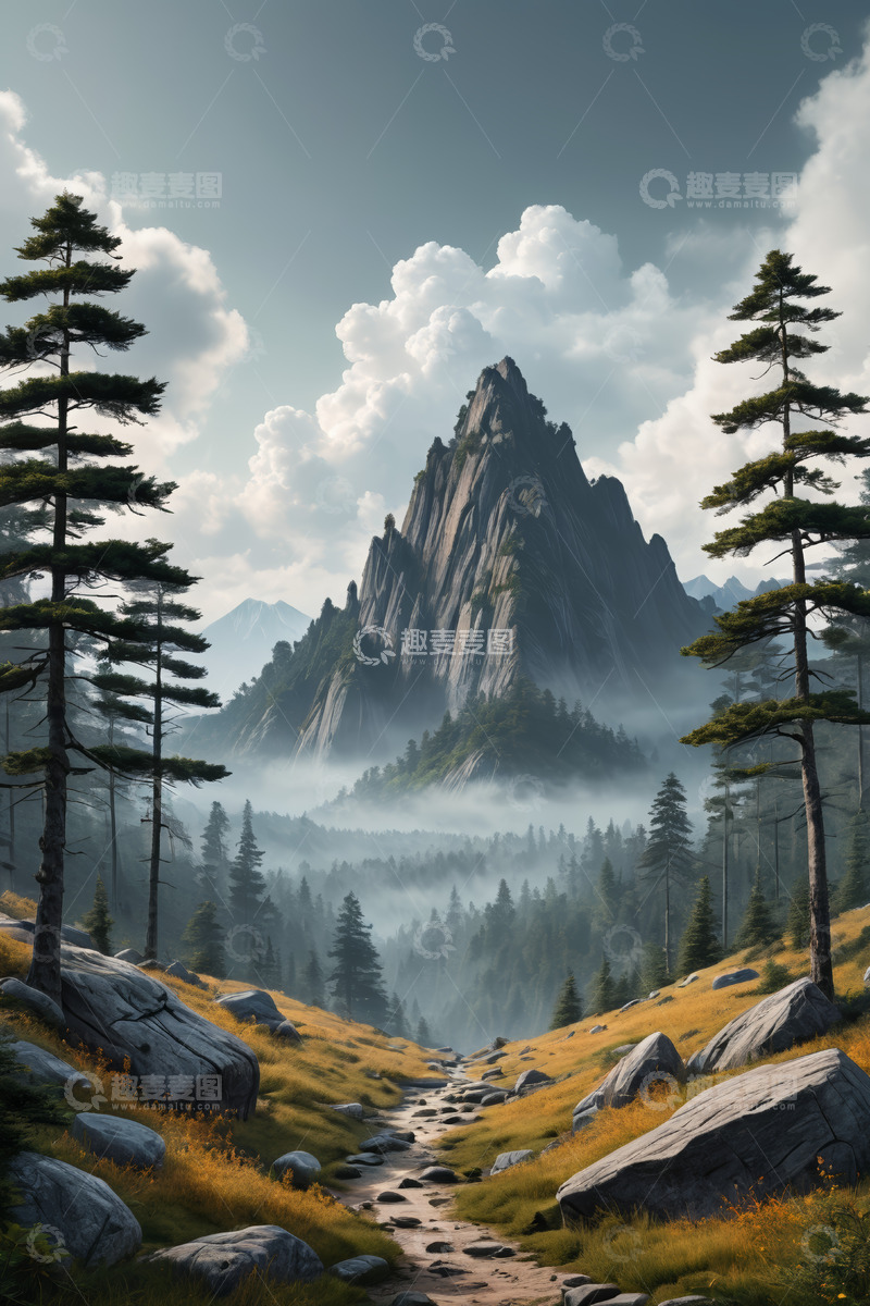 高清大图下载【趣麦麦图】山间云雾缭绕的森林小径