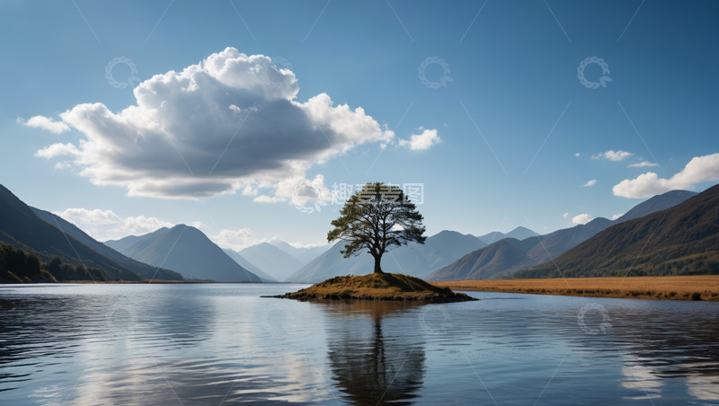 高清大图下载【趣麦麦图】湖心小岛孤树山水自然景观