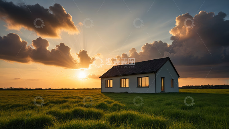 高清大图下载【趣麦麦图】田野上的小屋与日落景象