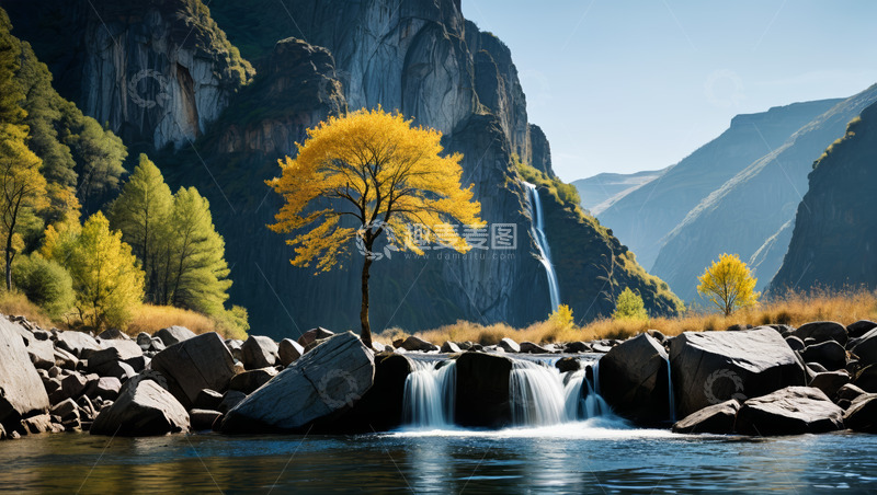 高清大图下载【趣麦麦图】山间溪流旁的金黄树木风景
