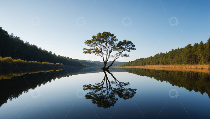 高清大图下载【趣麦麦图】湖面上孤独树木的自然景观