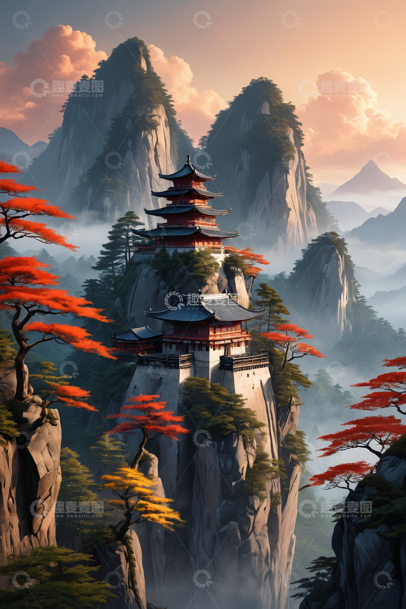 高清大图下载【趣麦麦图】山间古风楼阁与红叶景观