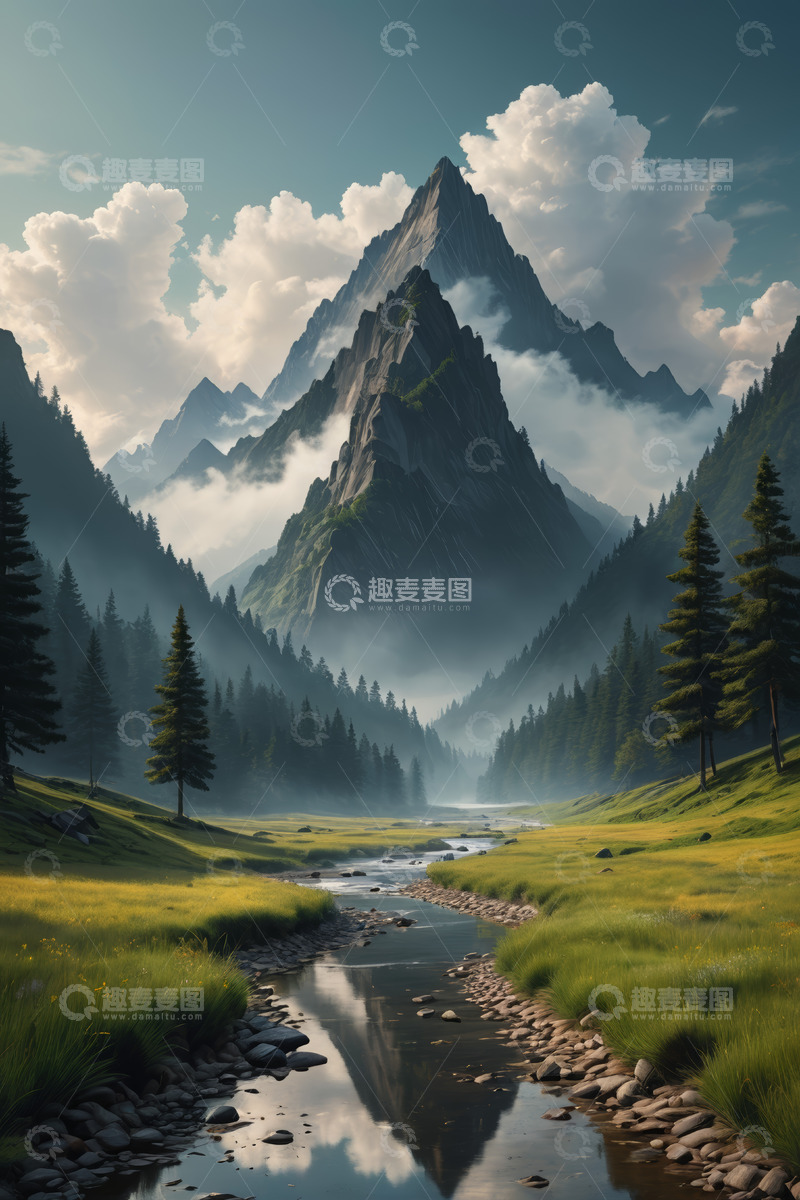 高清大图下载【趣麦麦图】山林间溪流与巍峨山峰风景