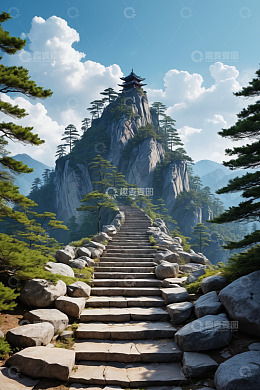 山间石径通往山顶古亭