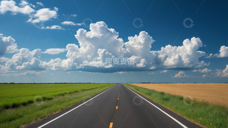高清大图下载【趣麦麦图】田野间沥青道路与蓝天白云