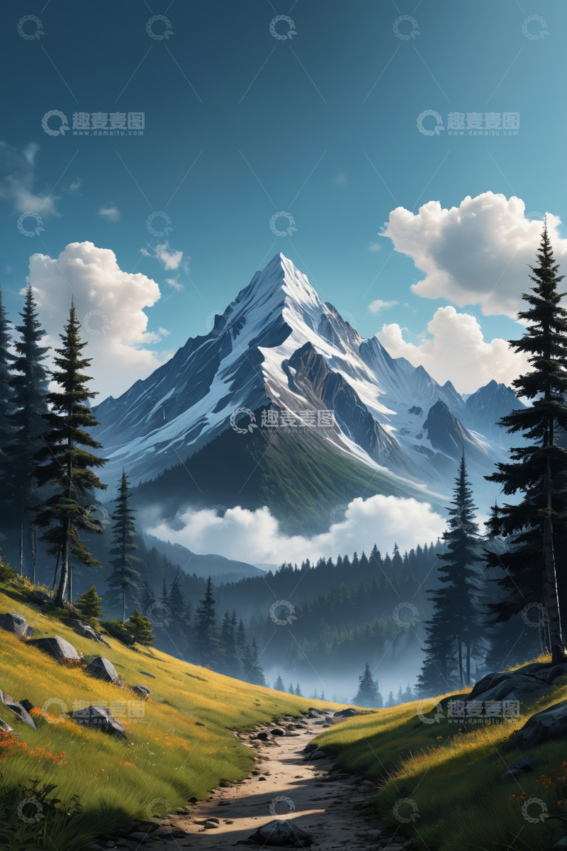 高清大图下载【趣麦麦图】山间草地与巍峨雪山风景