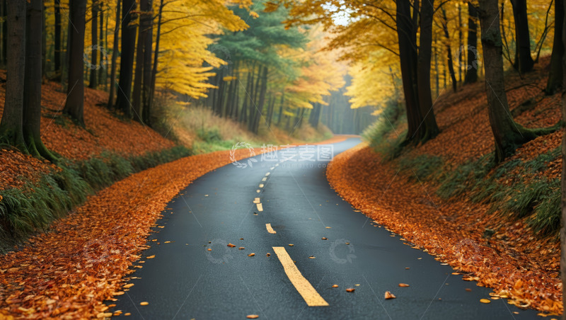 高清大图下载【趣麦麦图】秋日森林中的蜿蜒道路