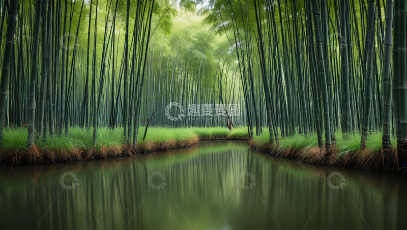 高清大图下载【趣麦麦图】竹林间河流自然风光