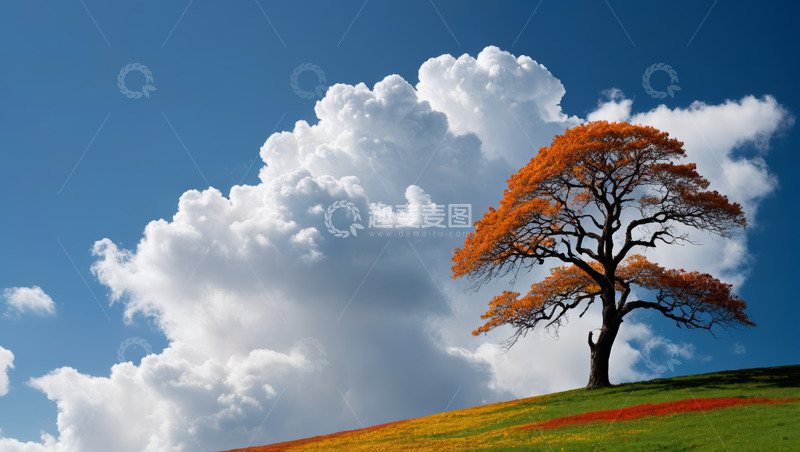 高清大图下载【趣麦麦图】山坡上的孤树与蓝天白云