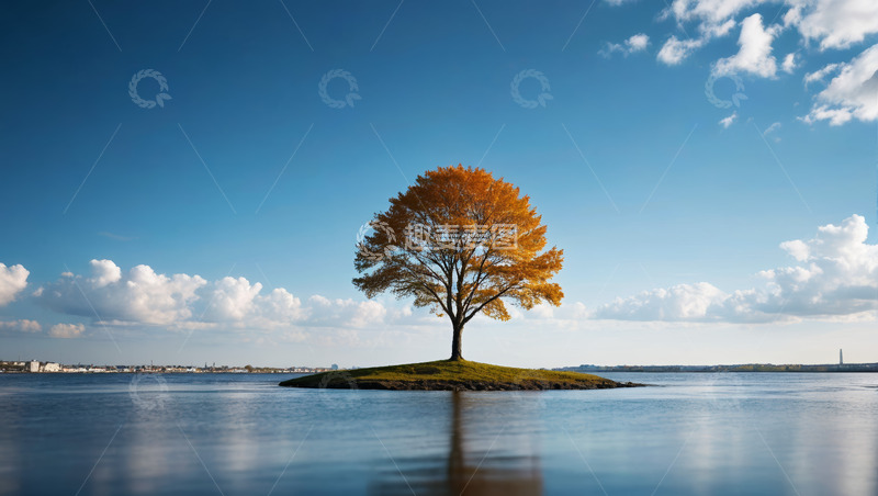 高清大图下载【趣麦麦图】湖心小岛上的孤树风景