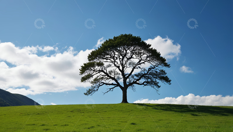 高清大图下载【趣麦麦图】草原上的孤树与蓝天白云
