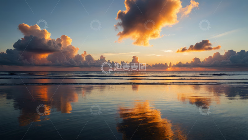 高清大图下载【趣麦麦图】海滩日落时分的天空与海洋