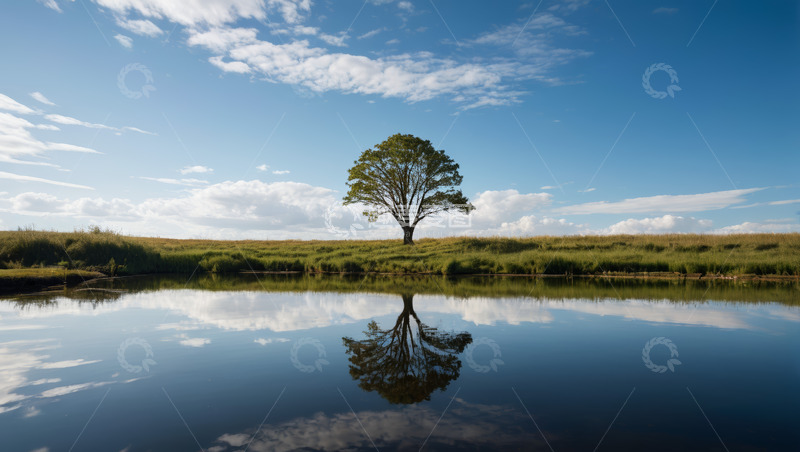 高清大图下载【趣麦麦图】湖畔孤树与蓝天白云风景