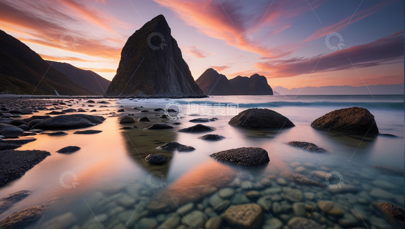 高清大图下载【趣麦麦图】海边日落时分的山景与礁石