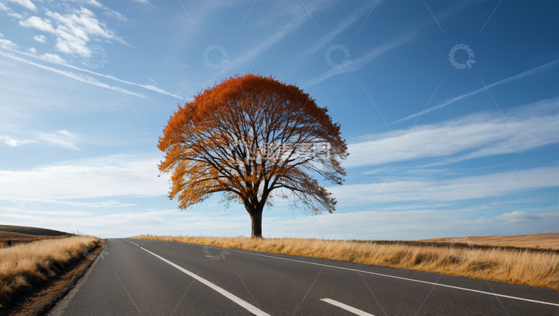 高清大图下载【趣麦麦图】秋日公路旁的单棵树木