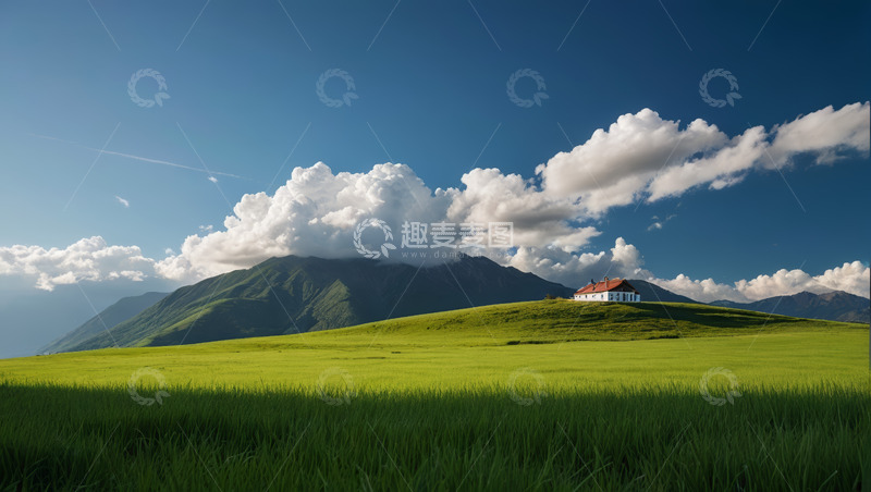 高清大图下载【趣麦麦图】草原山丘上的小屋与蓝天白云