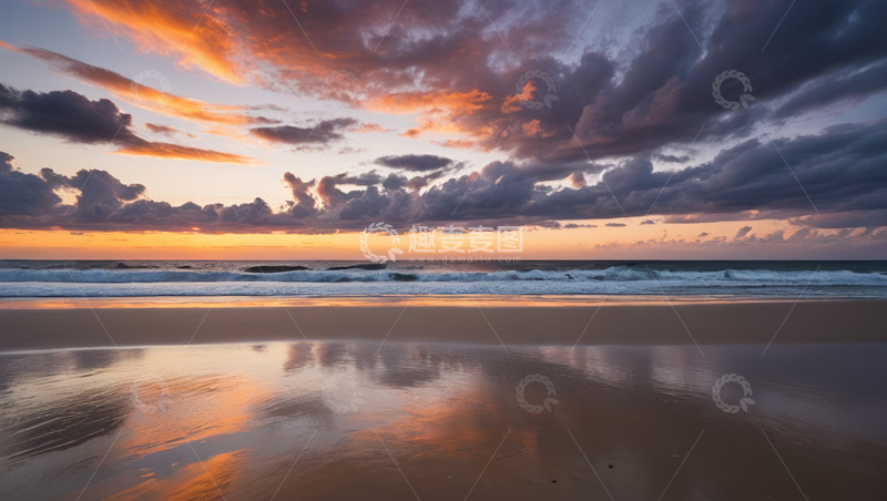 高清大图下载【趣麦麦图】海滩日落时分天空与海浪景观