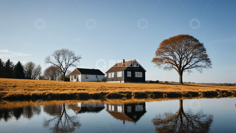 高清大图下载【趣麦麦图】湖畔乡村小屋与树木风景