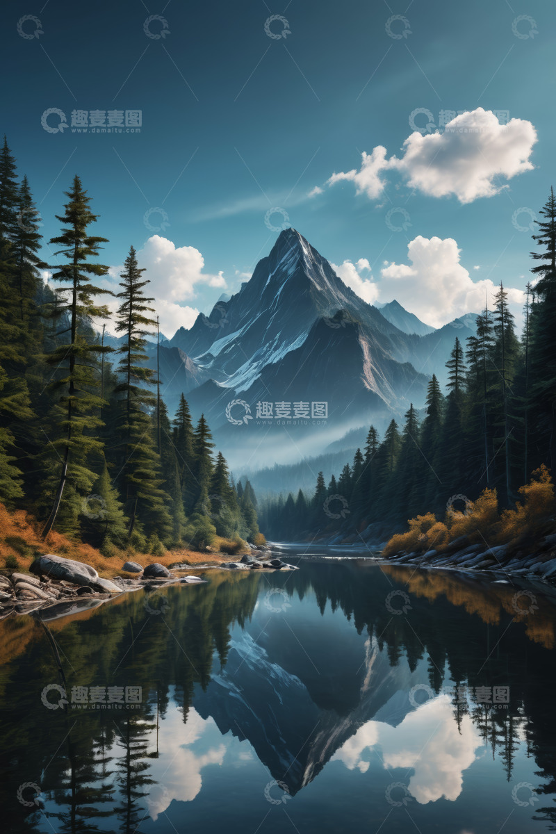 高清大图下载【趣麦麦图】山林间湖泊与巍峨山峰风景