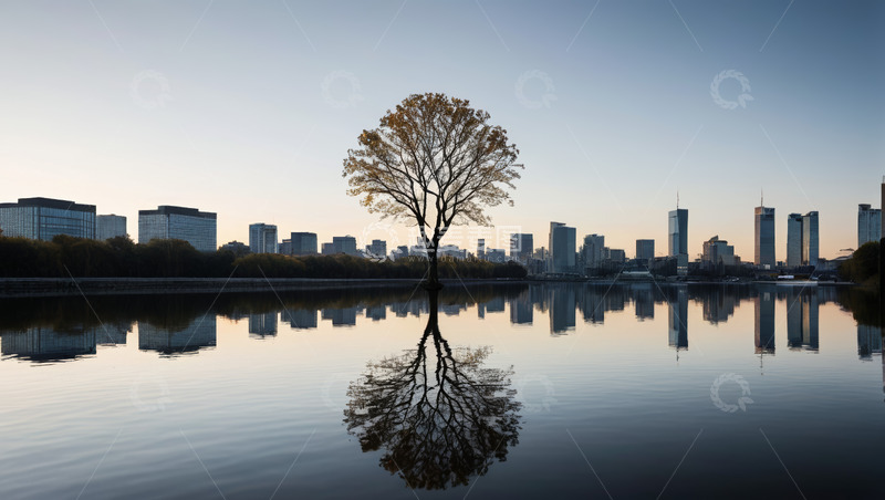 高清大图下载【趣麦麦图】城市湖畔孤树倒影景观