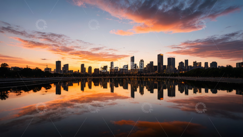 高清大图下载【趣麦麦图】城市天际线与水面倒影景观