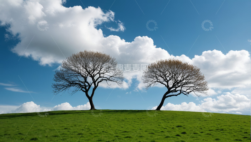 高清大图下载【趣麦麦图】草原上两棵树与蓝天白云