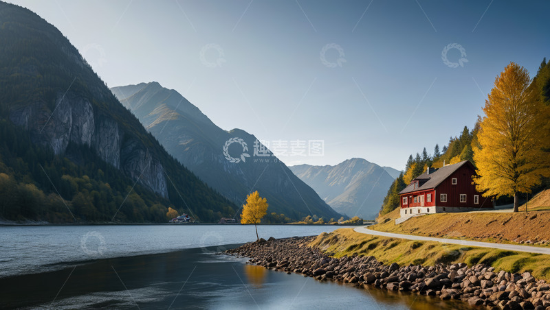 高清大图下载【趣麦麦图】湖畔山间红屋自然风光