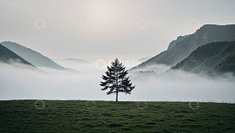 山间草地单棵松树风景