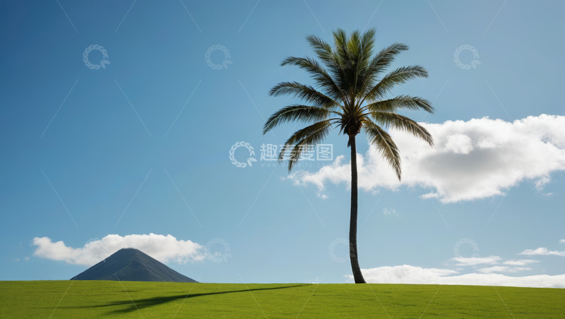 高清大图下载【趣麦麦图】草地棕榈树与远山蓝天白云景象