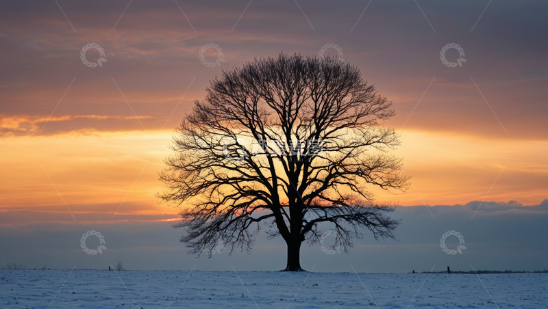高清大图下载【趣麦麦图】雪地中夕阳下的孤独树木