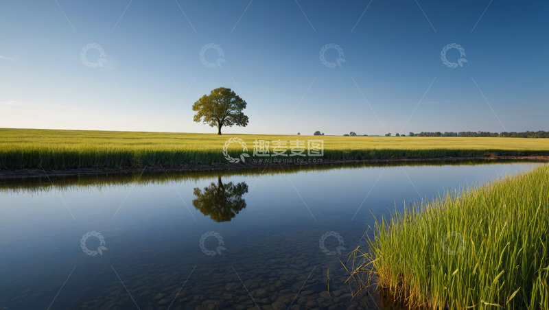 高清大图下载【趣麦麦图】田野中孤树与水边风景
