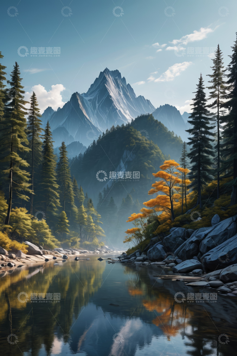 高清大图下载【趣麦麦图】山林间河流与巍峨山峰景观