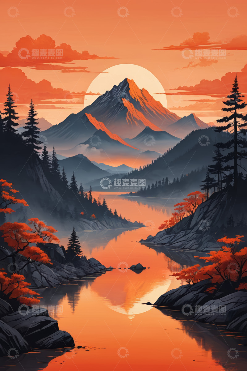 高清大图下载【趣麦麦图】夕阳下山水森林风景