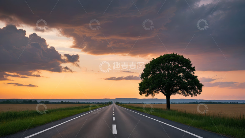 高清大图下载【趣麦麦图】田野间公路与落日景象