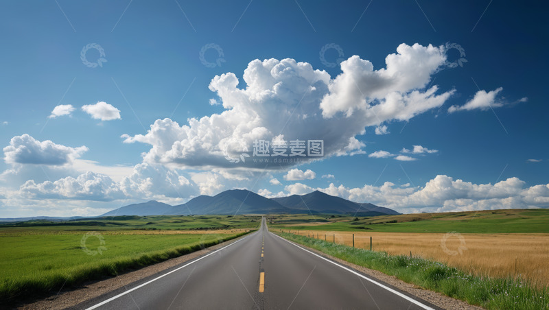 高清大图下载【趣麦麦图】开阔道路与蓝天白云风景