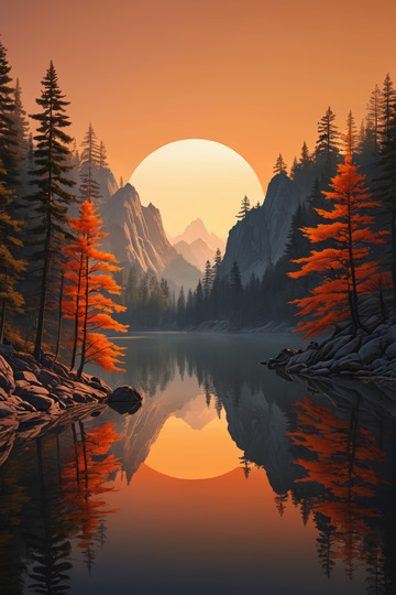 山林湖泊边的日落景观