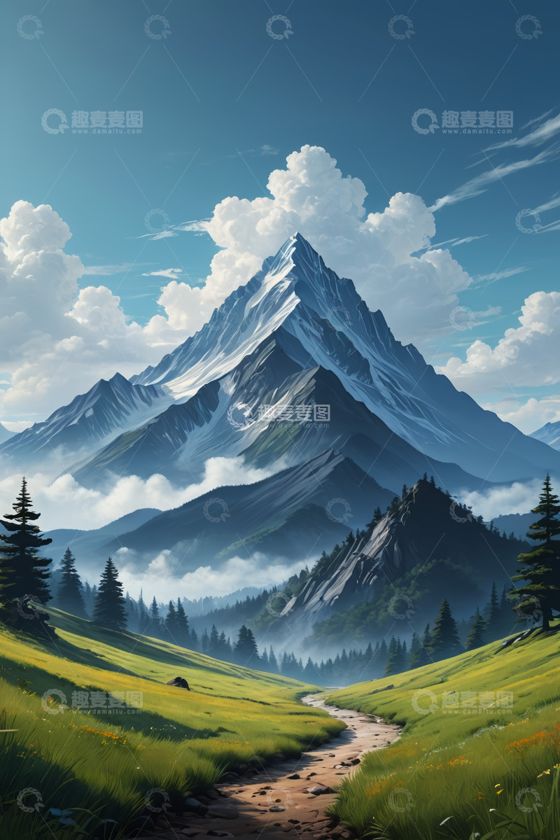 高清大图下载【趣麦麦图】高山下的草地与山间小路风景