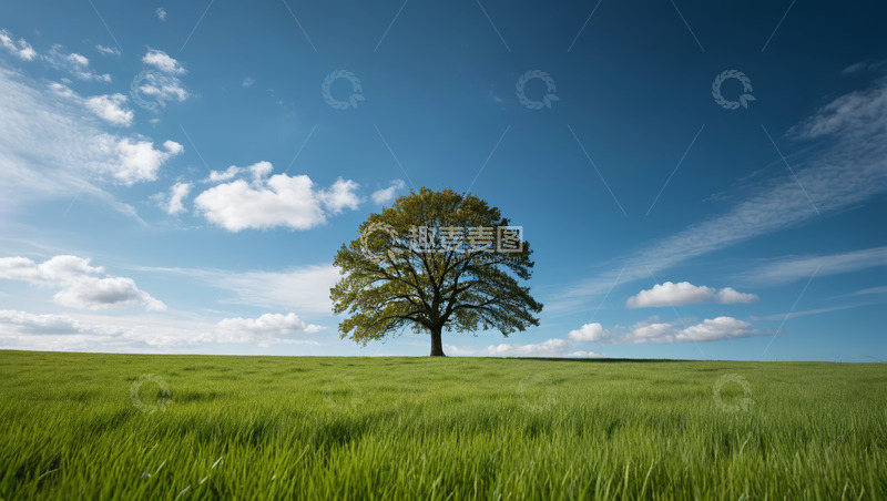 高清大图下载【趣麦麦图】草原上的孤树与蓝天白云