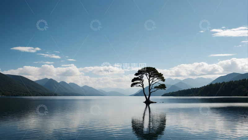 高清大图下载【趣麦麦图】湖畔孤树山水自然景观