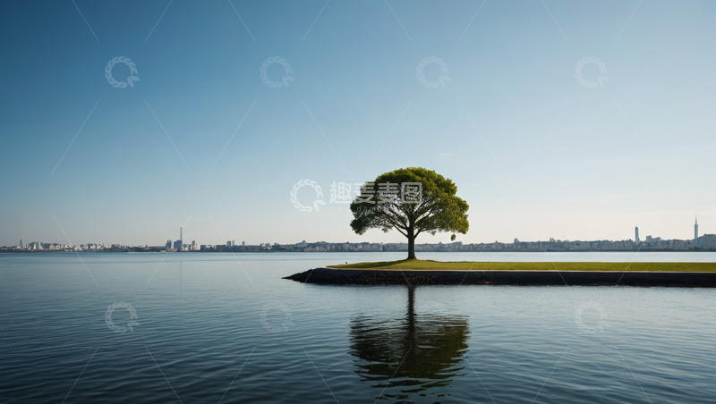 高清大图下载【趣麦麦图】湖畔孤树与城市远景景观