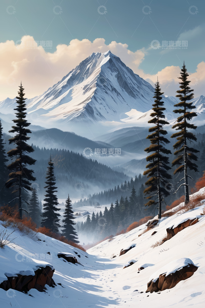 高清大图下载【趣麦麦图】雪山下的森林雪景风光