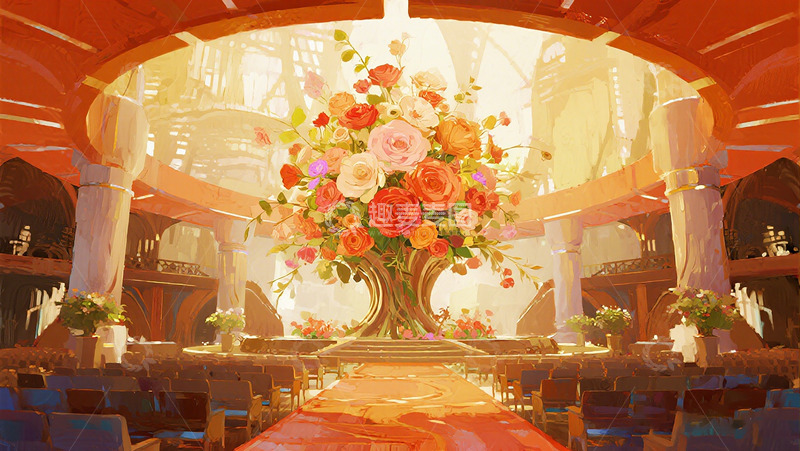 高清大图下载【趣麦麦图】梦幻婚礼大厅花卉装饰插画