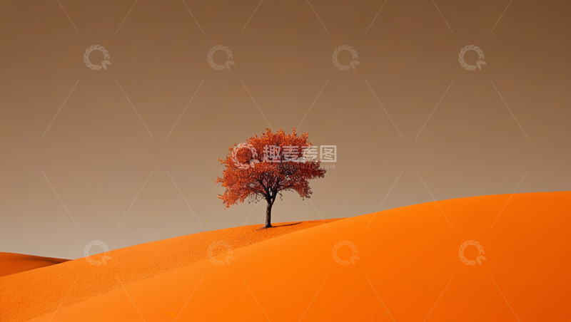 高清大图下载【趣麦麦图】沙漠中一棵红叶树