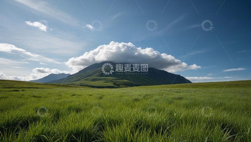 高清大图下载【趣麦麦图】草原上的远山与白云景观