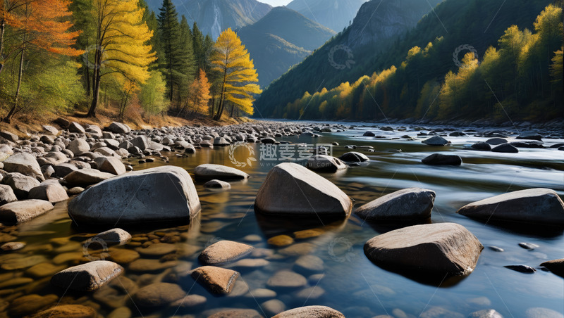 高清大图下载【趣麦麦图】秋日河流森林自然风光